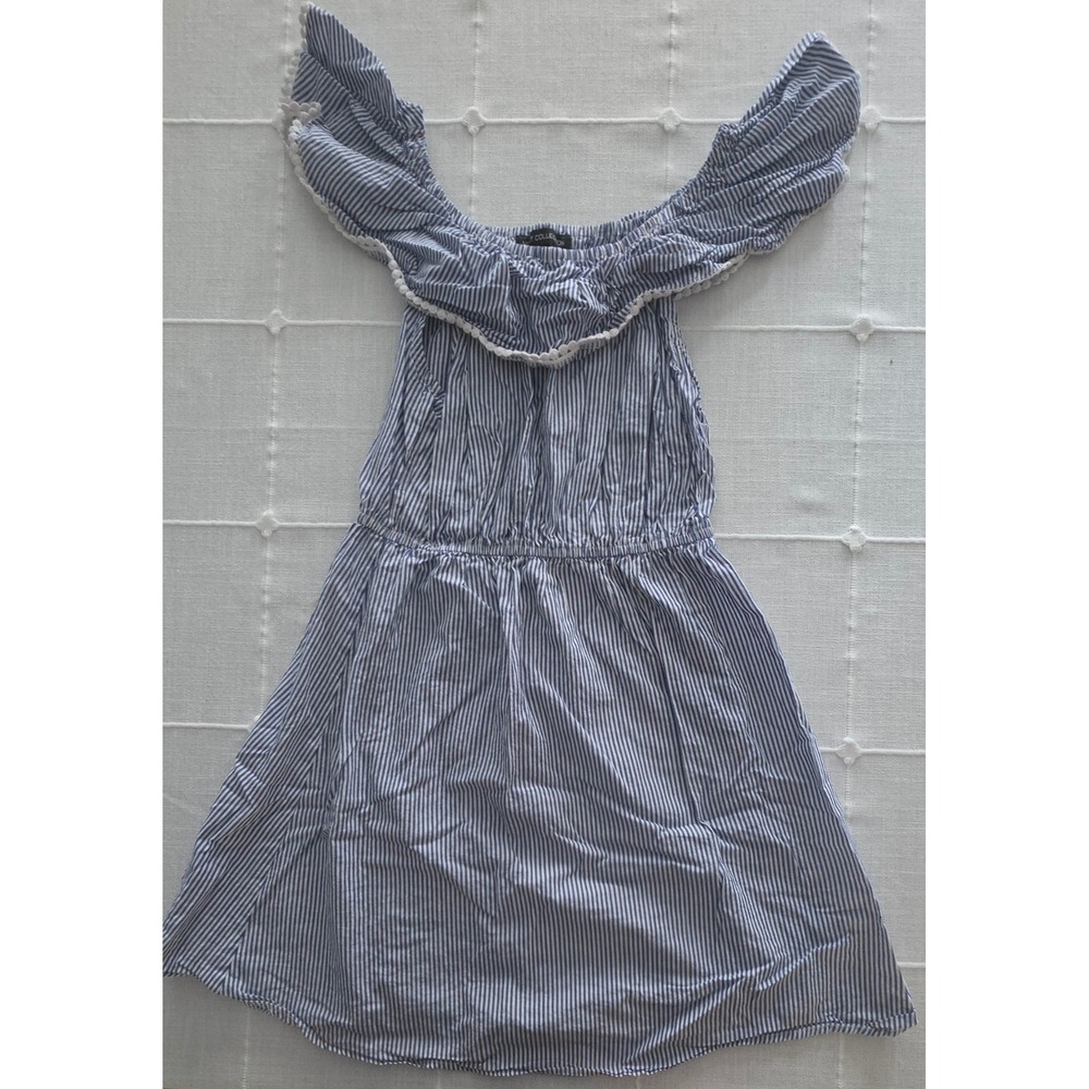 Most Collection Blue White Striped Off Shoulder Pom Pom Trim Mini Dress Large